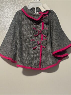 Savannah Gray Herringbone Cape with Hot Pink Trim